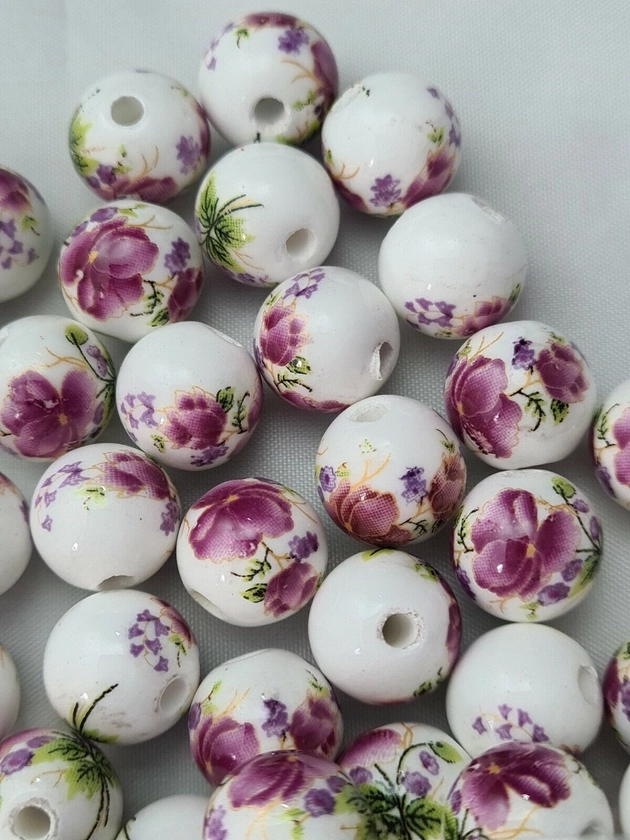 10 Ceramic Beads, Violet Floral Design, 12mm, Round, 2mm Hole (MYC 24)