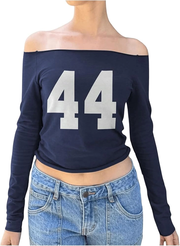 MakeMeChic Women's Number Graphic Off Shoulder Long Sleeve Tee Y2k Fitted T Shirt Crop Tops