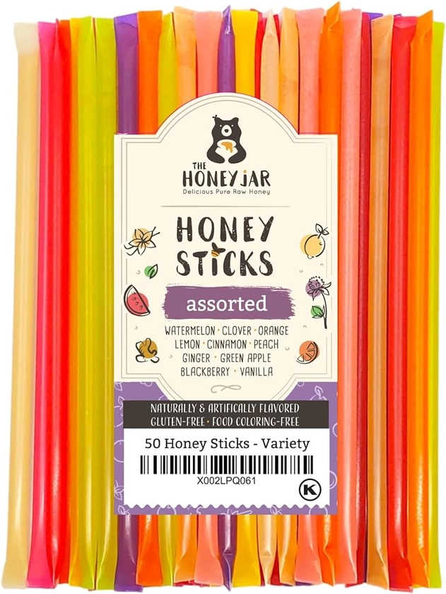 The Honey Jar Variety Pack Raw Honey Sticks - Pure Honey Straw For Tea, Coffee, or a Healthy Treat - One Teaspoon of Flavored Honey Per Stick - Made In The USA - (50 Count)