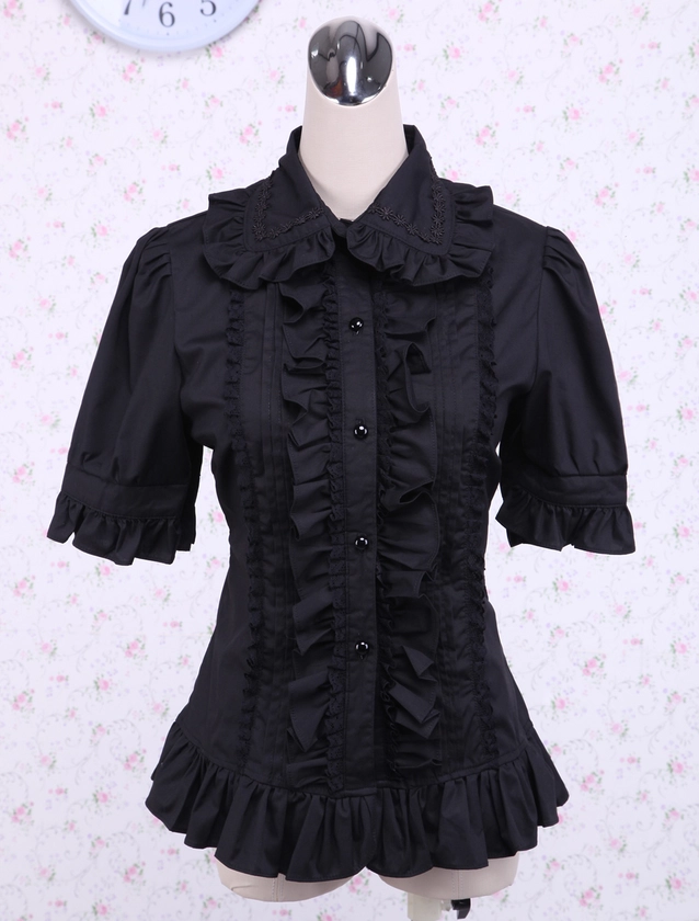 Lolita Blouse Pure coton noir 2024 Manches courtes volants Col à revers