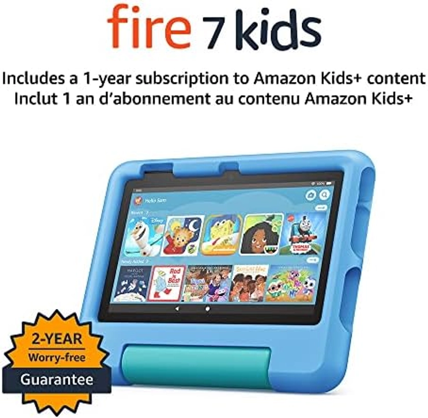 Tablette Amazon Fire 7 Kids, pour les enfants de 3 à 7 ans, avec contenu sans publicité que les enfants adorent, garantie sans souci de 2 ans, contrôle parental, 16 Go, (version 2022) Bleu