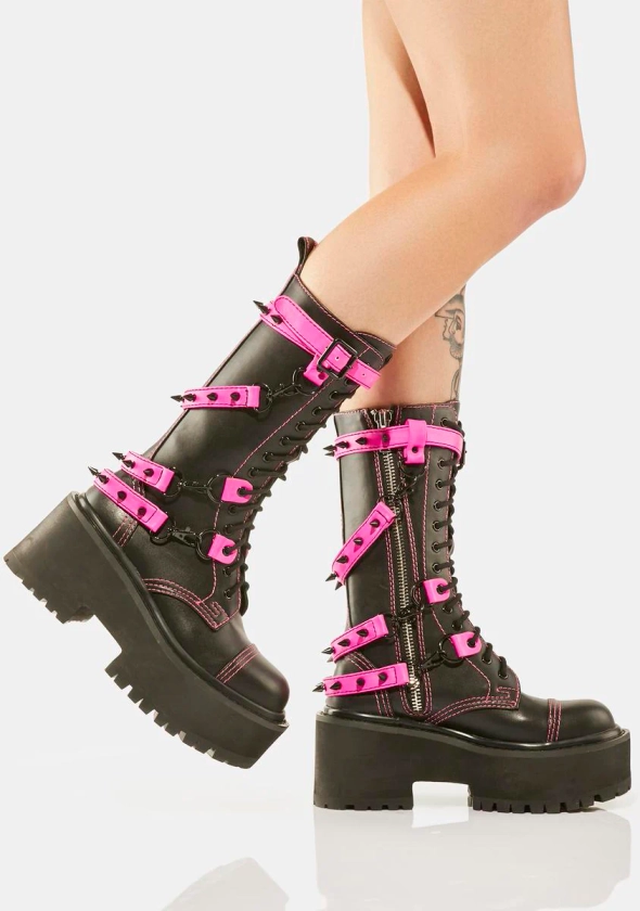 Current Mood Combat Boots With Spike Straps - Black