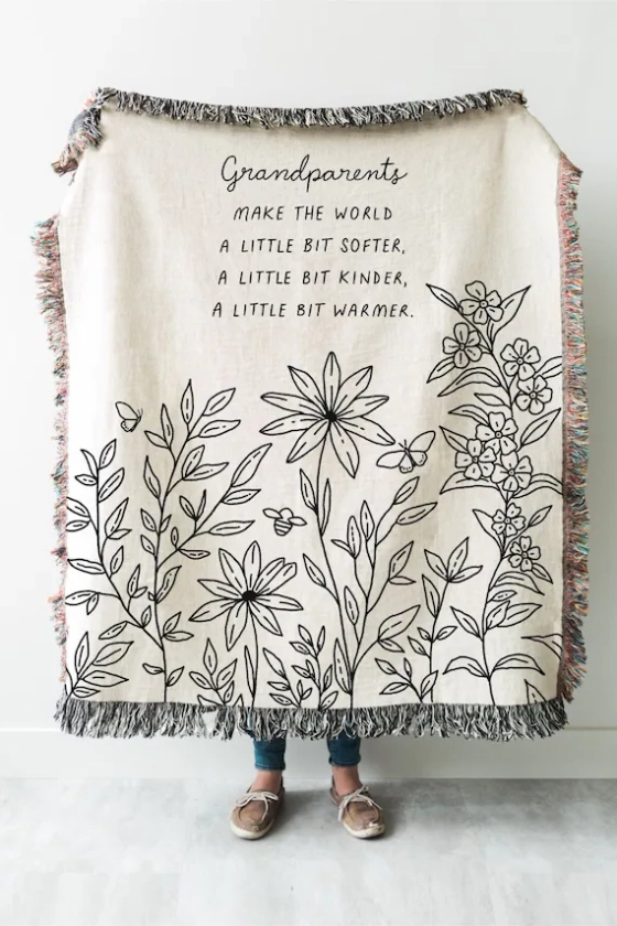 Grandparent Gift Blanket: Flower Woven Throw, Christmas Gift for Grandma Grandpa, Anniversary, Grandparents Make The World Softer Kinder