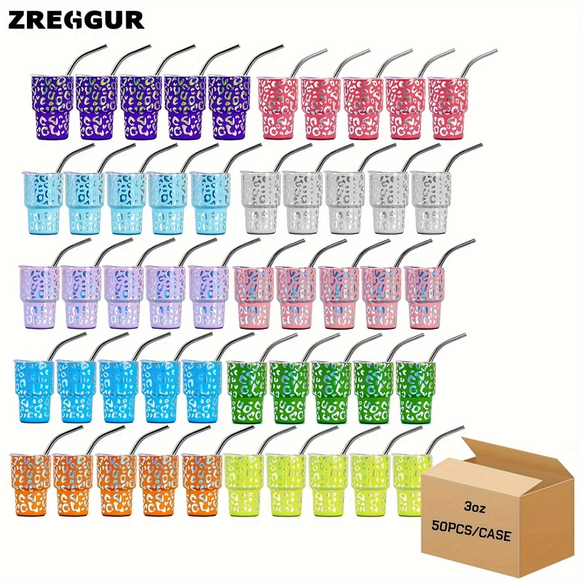 50PCS/case, 3oz, 10 Colors Sparkling Leopard Pattern Stainless Steel Thumb Cups, Party Cool Water Bottle Set (10 colors -5pcs of each)