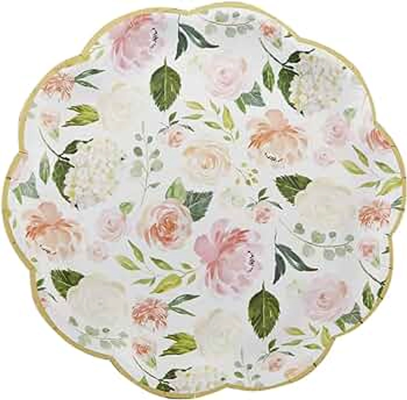 Kate Aspen Pink Floral 9 in. Decorative Premium Paper Plates (350 GSM weight -Set of 16) - Perfect for Bridal Showers and Weddings, White/Green/Gold/Pink (28591NA)