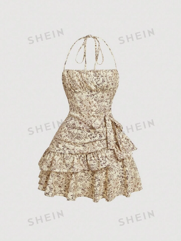 SHEIN MOD Floral Print Halter Neck Asymmetrical Hem Dress With Embellishment