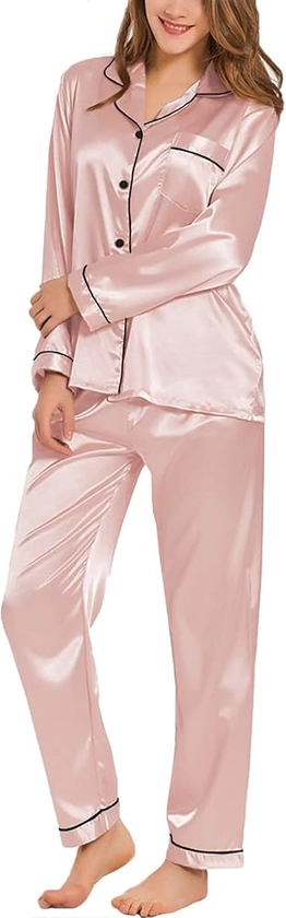 SWOMOG Womens Silk Satin Pajamas Loungewear Two-piece Sleepwear Button-Down Pj Set