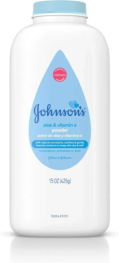 Johnson's Baby Powder, Naturally Derived Cornstarch with Aloe & Vitamin E for Delicate Skin, Hypoallergenic and Free of Parabens, Phthalates, and Dyes for Gentle Baby Skin Care, 15 oz