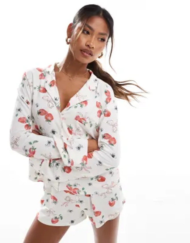 Kaiia mix and match cropped long sleeve pj shirt co-ord in strawberry and bow print | ASOS