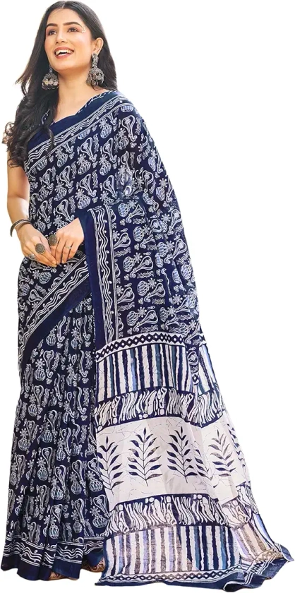 Buy SIRIL Women's Cotton Printed Ready To Wear Saree With Unstitched Blouse Piece (3394S307_Dark Blue) at Amazon.in