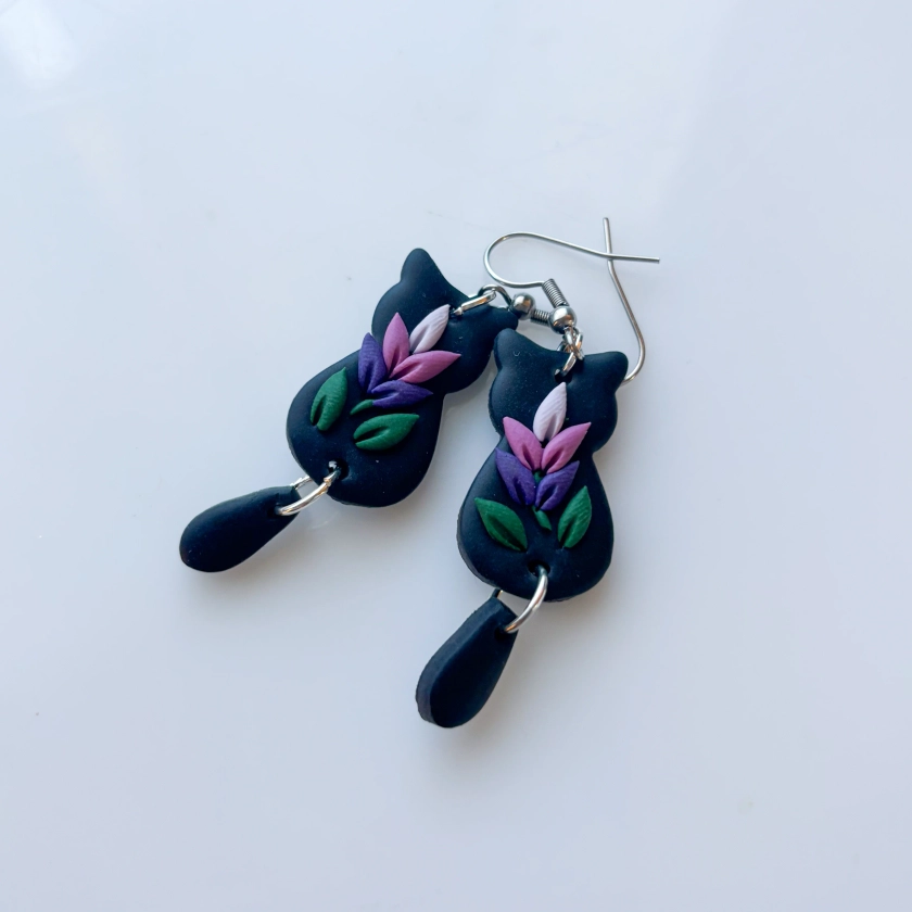 LAVENDER ON BLACK CATS EARRINGS