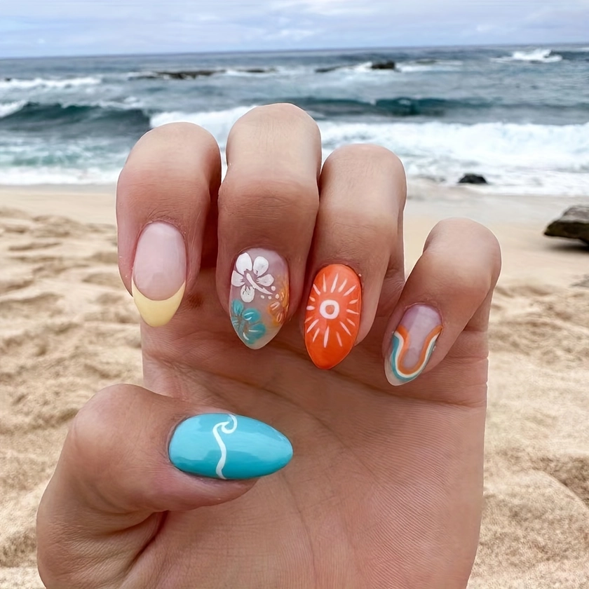 24-Piece Almond False Nails Set, Seaside & Floral Design Press-On Nails, Reusable * Nails with Wave, Sun, Flower & Rainbow Patterns, Nail Art for D