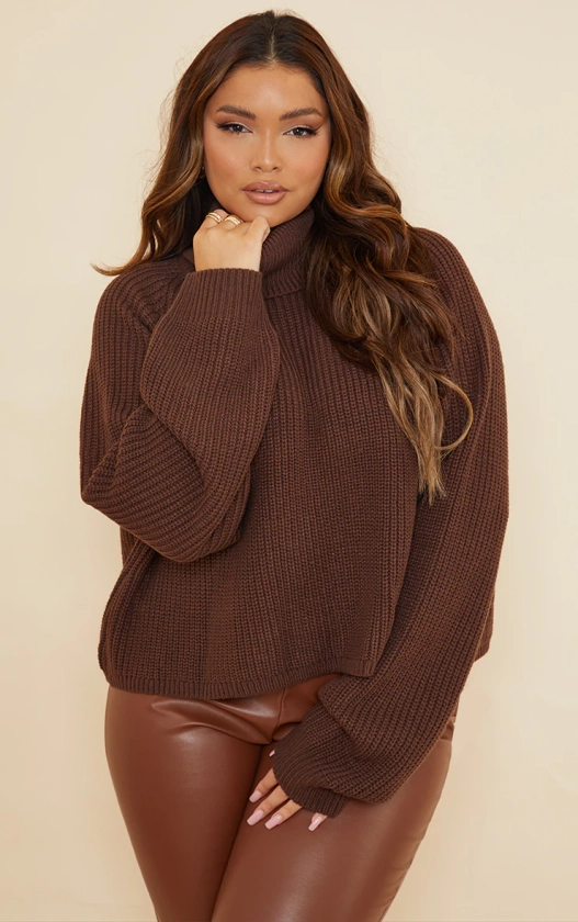 Plus Brown Knitted Roll Neck Jumper