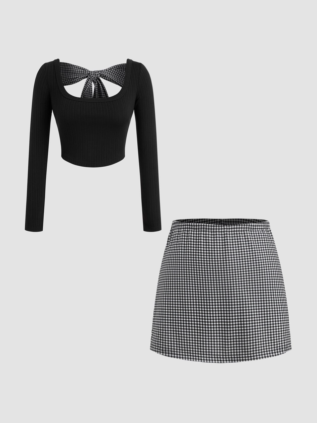 Square Neck Solid Bowknot Long Sleeve Crop Top & Mid Rise Gingham Mini Skirt Set