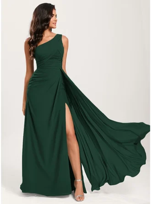 [US$ 99] A-line One Shoulder Floor-Length Chiffon Bridesmaid Dress With Ruffle (007293497)