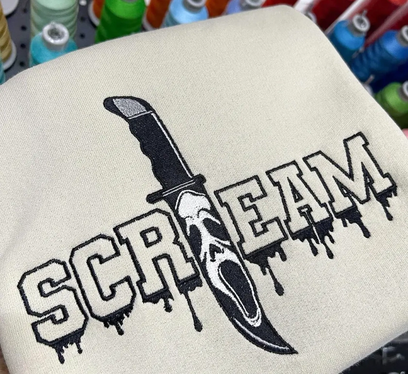 Scream Ghost Face Embroidered Jumper | No You Hang Up | Scream Movie Sweatshirt | Horror Movie Gift | Scream Crewneck Sweatshirt