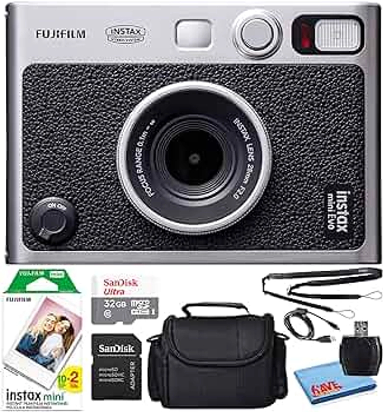 Fujifilm Instax Mini EVO Hybrid Instant Film Camera (Black) (16745183) Bundle with 20 Instant Film Sheets + 32GB Memory Card + Small Padded Case + SD Card Reader + Microfiber Cleaning Cloth