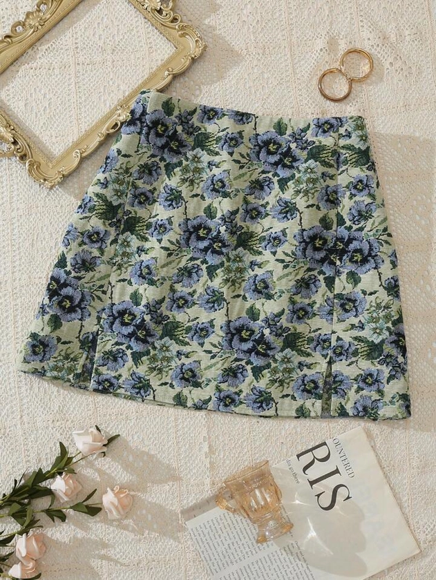 SHEIN VCAY Plus Floral Print Split Hem Skirt