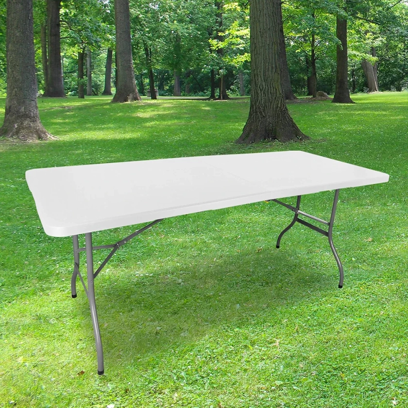 SKYLANTERN® Table Pliante 180 cm Rectangulaire Blanche - Table de Camping Pliante 6/8 Personnes L180 x l74 x H74cm - Table Pliante Exterieur en HDPE épais de 3,5 cm - Table de Jardin Pied Acier Gris