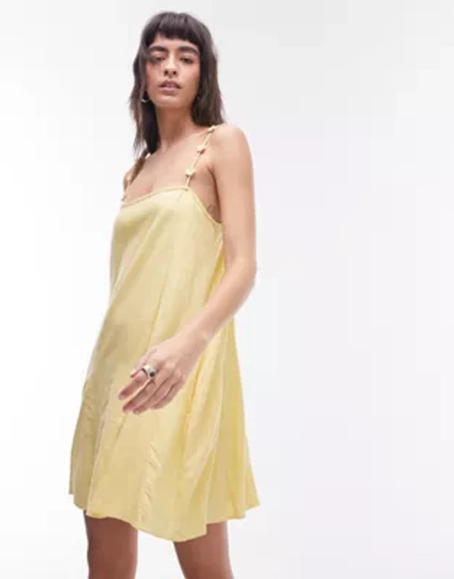 Topshop - Robe courte à bretelles ornées de fleurs en lin - Jaune