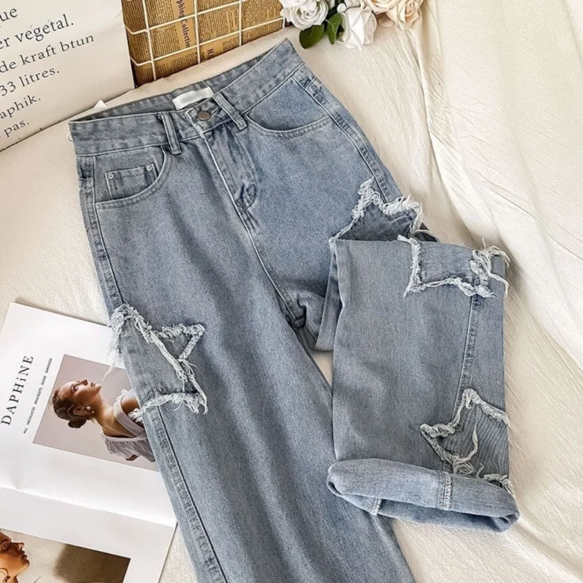 Jeans jeans solto com estrela, cintura alta, perna reta, inss popular, moda coreana, novo, primavera, outono, 2023