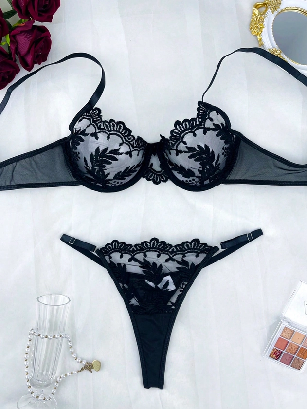 Conjunto de Lingerie Sexy de Renda com Tule Bordado para Mulheres, Sutiã + Calcinha