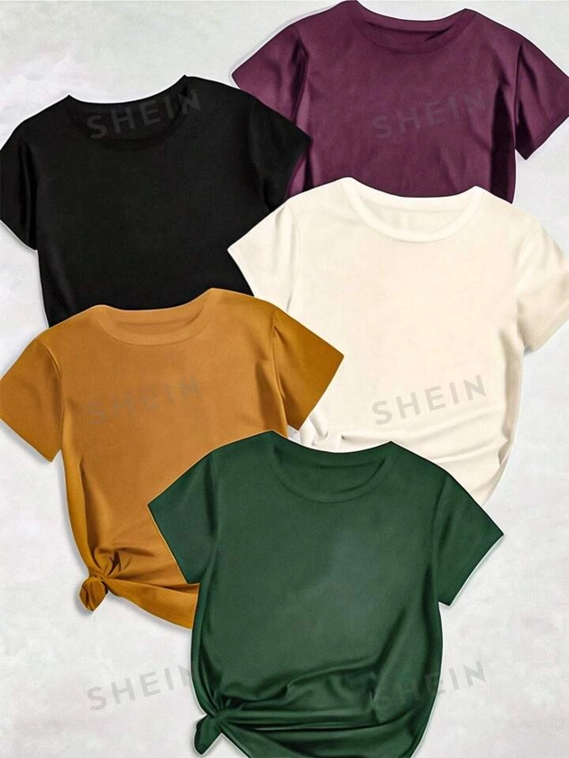 SHEIN Essnce Plus Size Round Neck Short Sleeve Solid Color T-Shirt