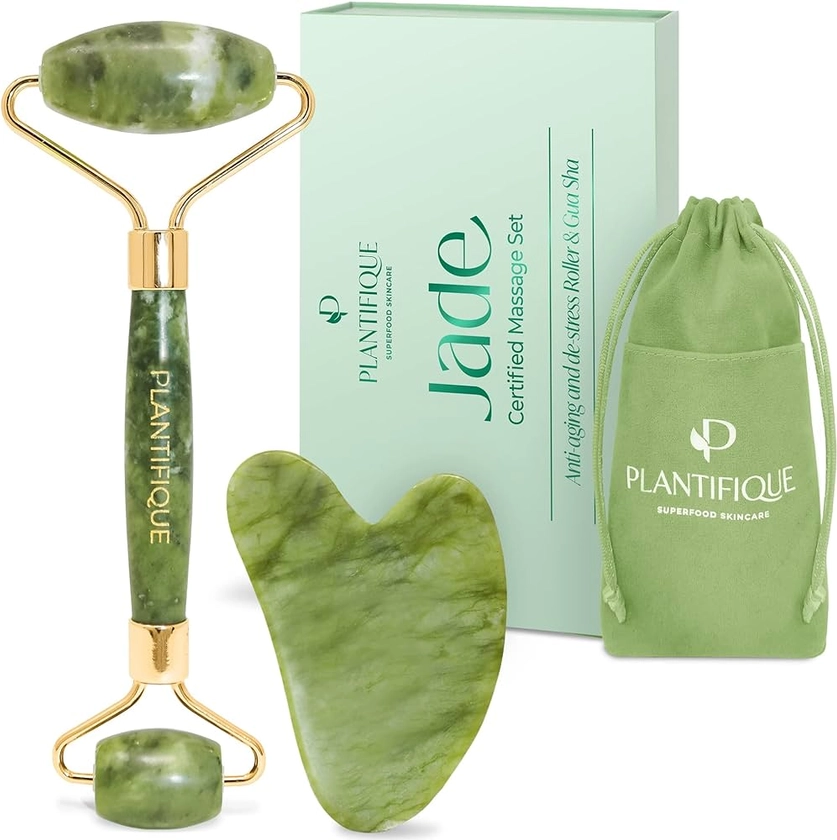 PLANTIFIQUE Jade Roller for Face and Gua Sha Facial Tools - Includes Real Jade Roller and Gua Sha Set - Certified Face Roller and GuaSha for Your Skincare Routine