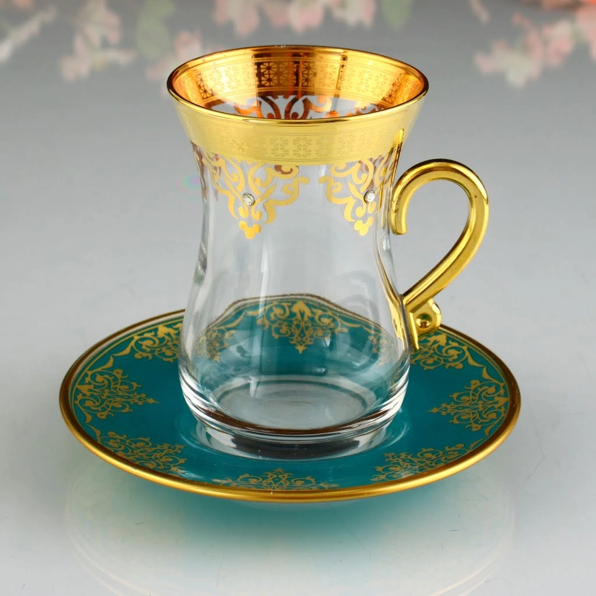 Ottoman 12 Pcs Turquoisse Color Tea Set With Holder