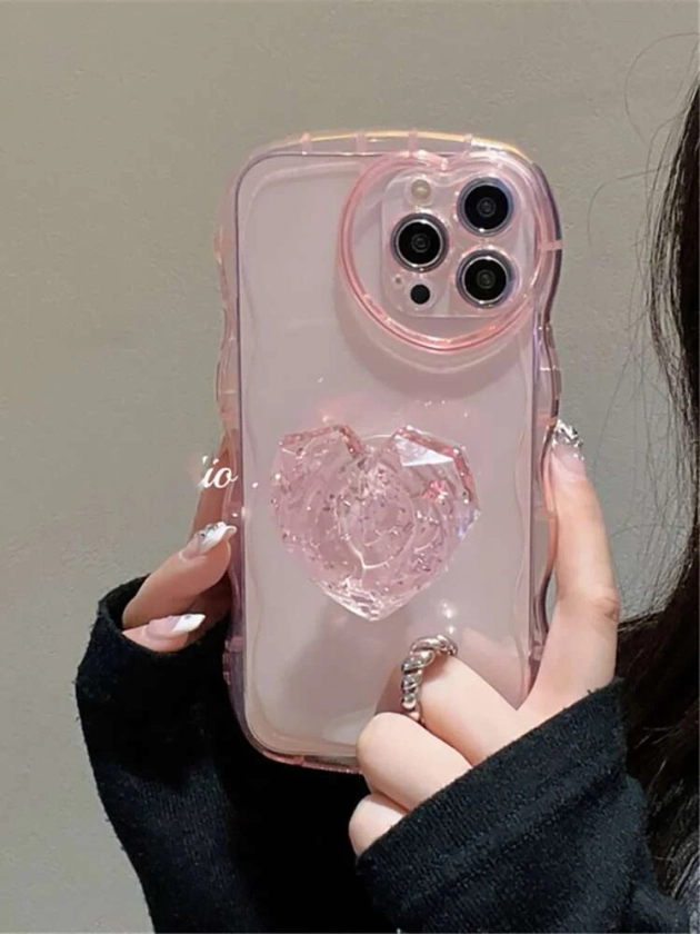 Clear Wavy Frame Phone Case With Heart Design Stand-Out Phone Grip