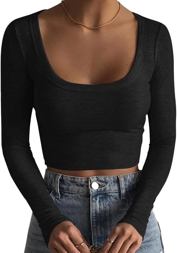 Artfish Women's Square Neck Long Sleeve Ribbed Slim Fitted Casual Basic Crop Top