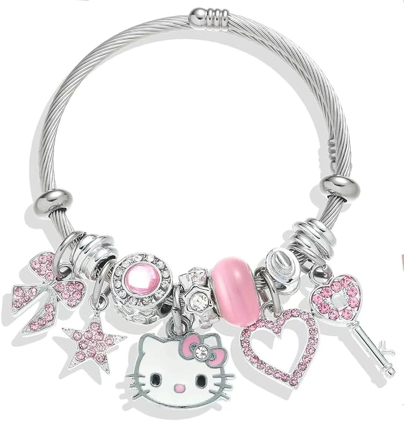 Kawaii Kitty Charm Bracelets with Jewelry Box, Sparkly Stainless Steel Bangle Adjustable Shiny Charm Bracelet Jewelry Birthday Gifts for Women Girls