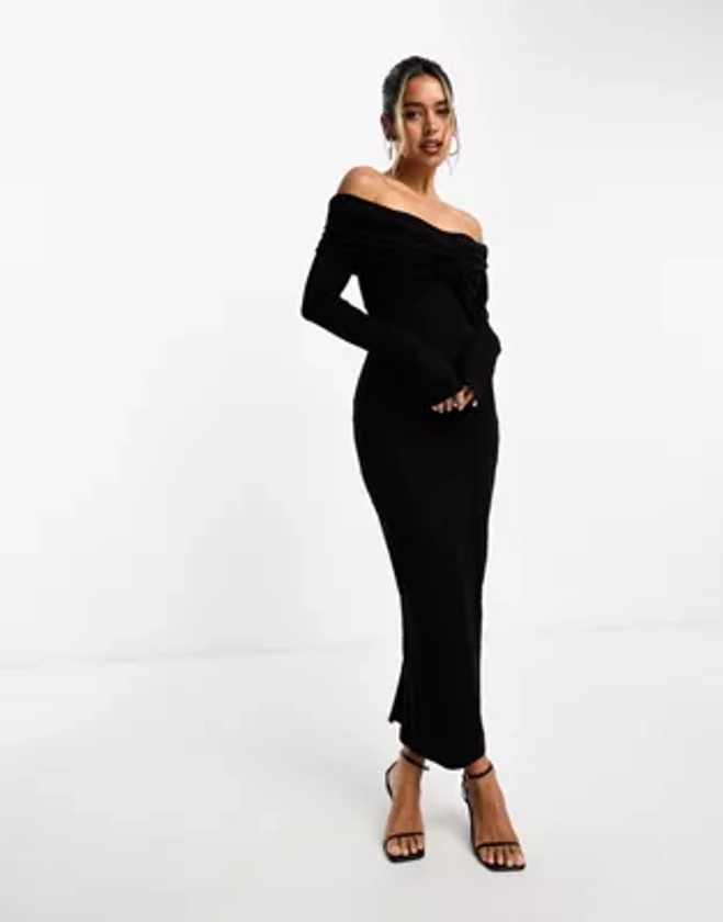 ASOS DESIGN - Robe mi-longue à manches longues et épaules dénudées avec détail torsadé - Noir | ASOS