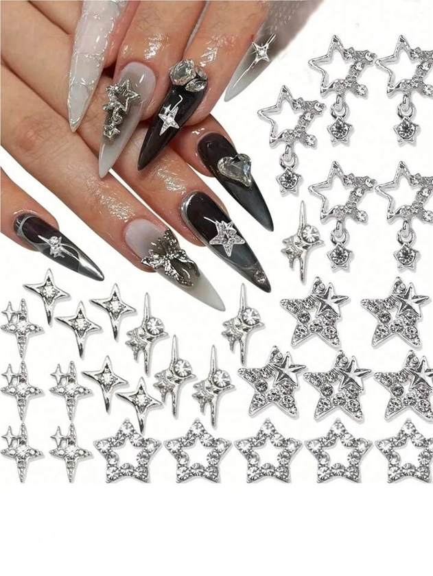 30PCS Silvery Star Nail Charms Shiny 3D Stars Nail Starlight Nail Jewelry Y2K Charms For Acrylic Nails Decoration Metal Nail Supplie | SHEIN UK