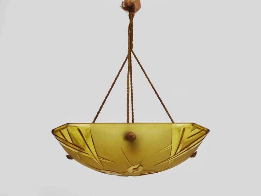 Old Degue Chandelier, Art Deco Square Basin Pendant Light 1 Light, In Yellow Glass Paste. Signed Degué France | Vinterior