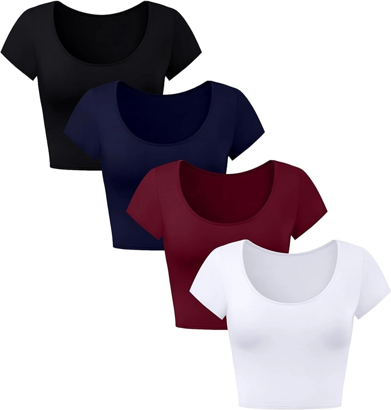 4 Pcs Women's Short Sleeve Crop Tops, Basic Scoop Neck Shirts Slim Fit Stretchy Tops Workout Tee Shirts for Women