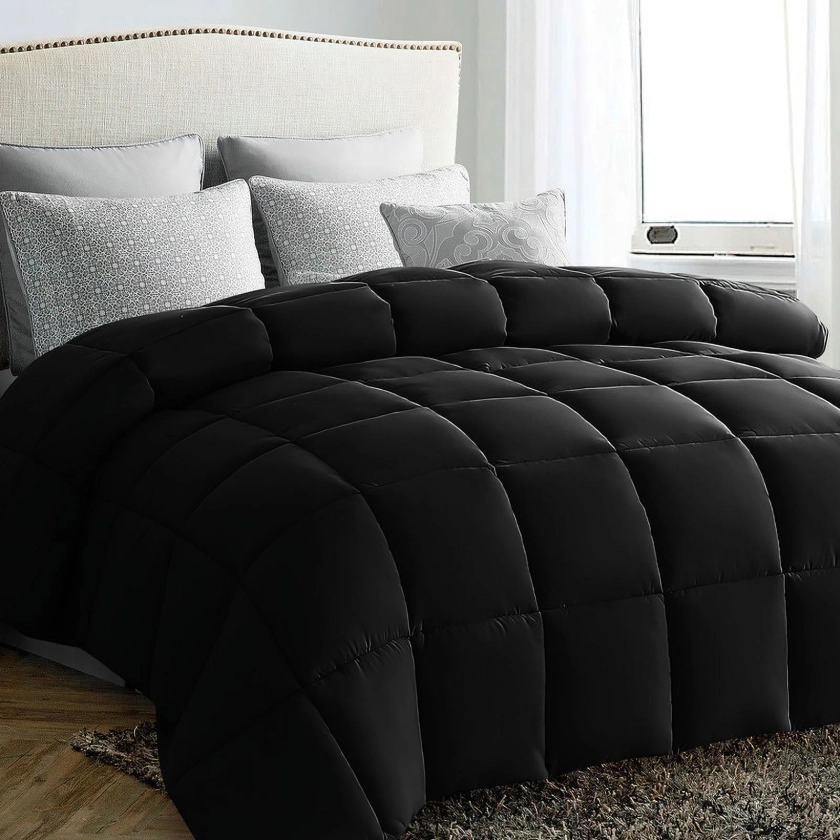 JUSTLET Luxury Solid Down Alternative Machine Washable Black Comforters, Queen