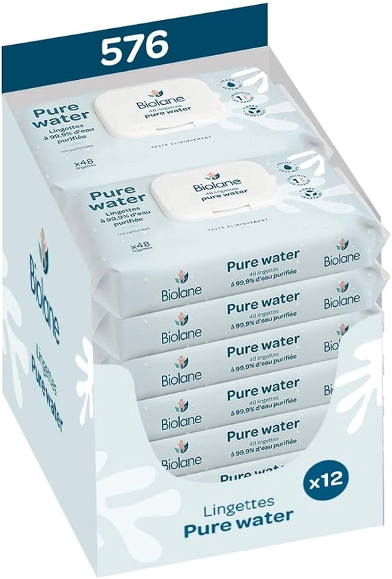 BIOLANE - Lingette bébé à 99,9% d'eau purifiée - Pack de 12 Lingettes - Pure Water - 576 Lingettes à l'eau pour bébé (12 x 48 ) Peaux Sensibles, Non parfumée - Fibre 100% végétales, Fabriqué en France : Amazon.fr: Bébé et Puériculture