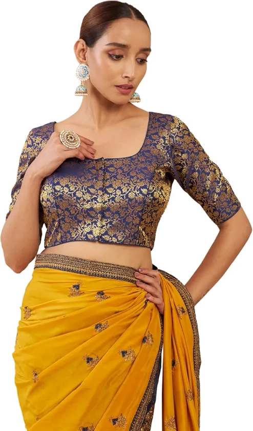 Buy Soch Navy Blue Art Silk Blouse with Woven Floral Designs at Amazon.in