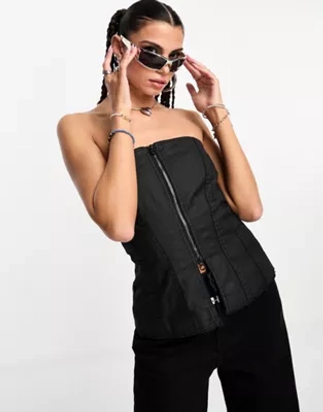 Weekday Meggie coated zip corset in black | ASOS