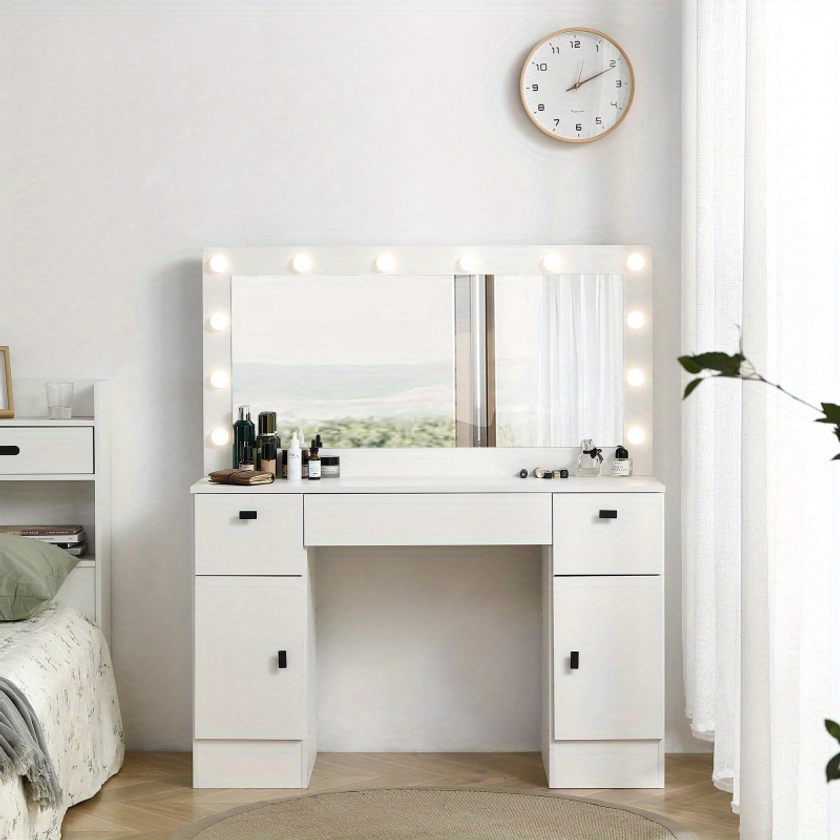 Dressing table with illuminated mirror, dressing table and storage cabinet with 3 drawers, adjustable brightness in 3 color lighting modes, white