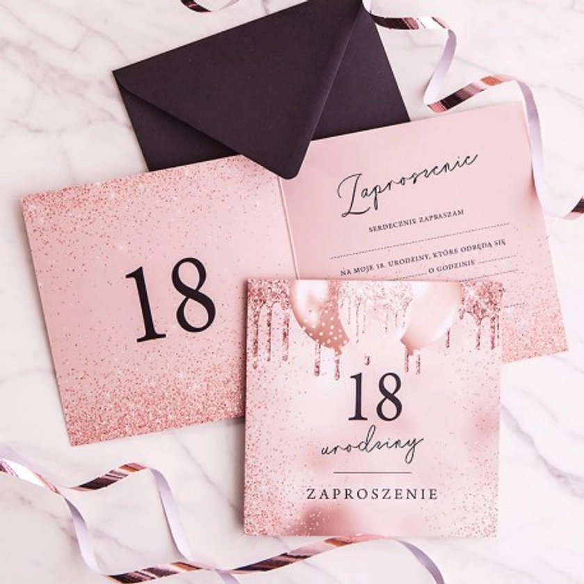 ZAPROSZENIA na 18 urodziny Glamour Glitter 10szt (+czarne koperty) - Pink Drink