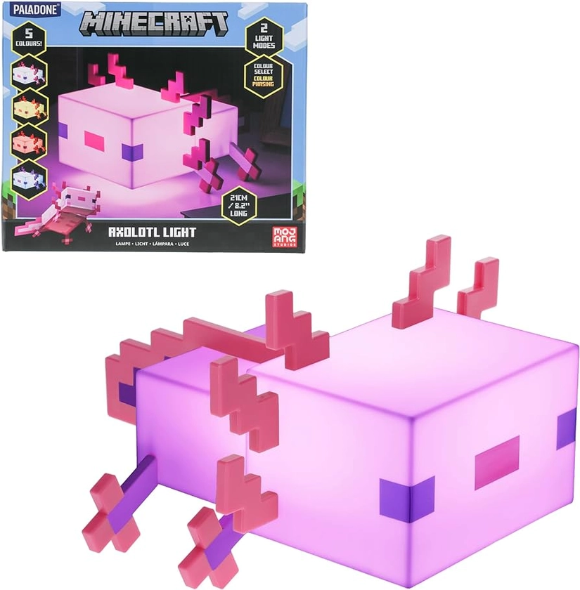 Paladone Minecraft Axolotl Light, Five Color Modes, Minecraft Lamp to Decorate Your Gaming Desk or Night Stand