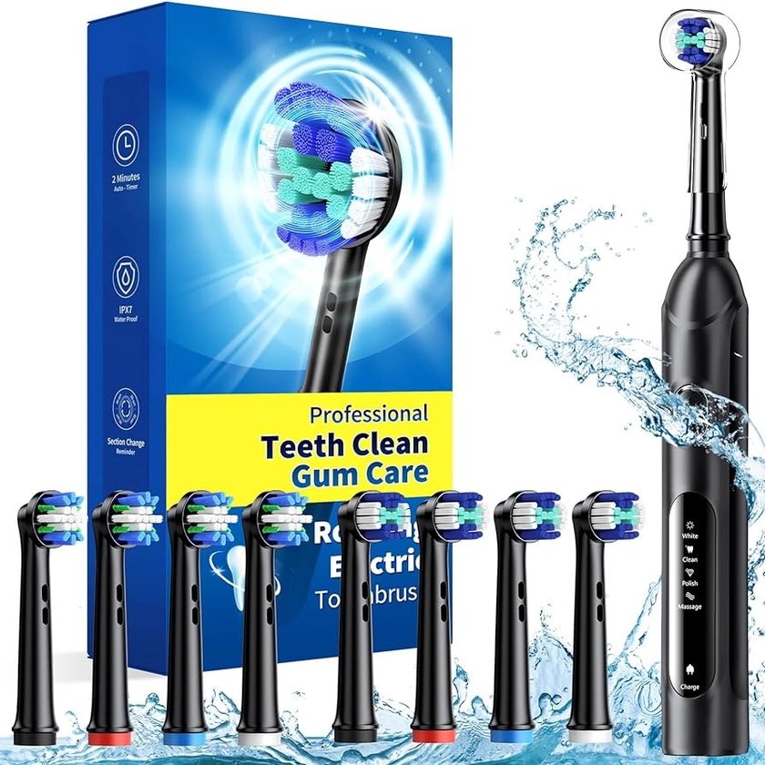 Rotating Electric Toothbrush for Adults with 8 Brush Heads (2 Types), 4 Modes Deep Clean Electric Toothbrush with Rechargeable Power and 2 Min Smart Timer, Rechargeable Last 25 Days