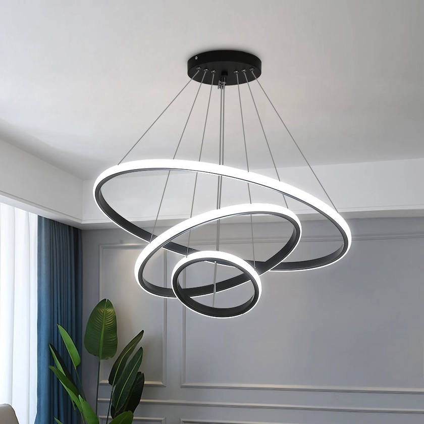 Suspension Lustre Moderne rond noir 76W avec 3 Anneaux Ajustables, en Métal, Dimmable 2700K-6500K, Suspension Chic