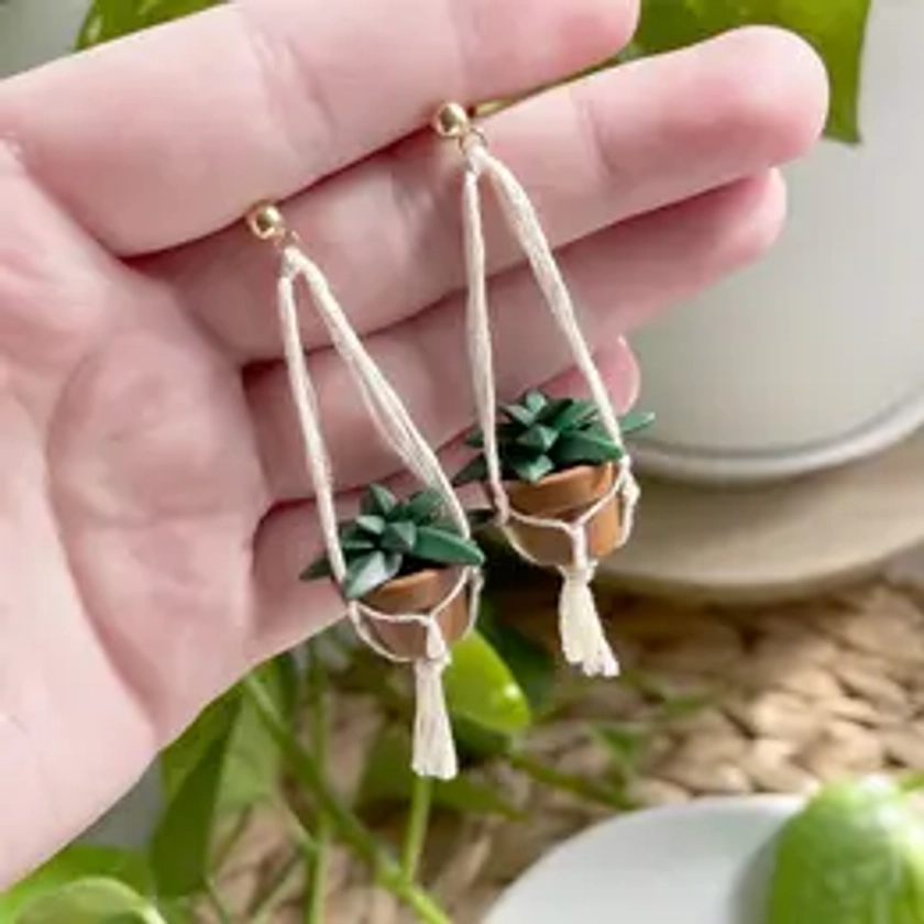 Miniature Macramé Plant Earrings - Clay Earrings - Succulent Earrings - Garden Earrings - Hanging Plant Earrings - Gift For Her - Retro Casual