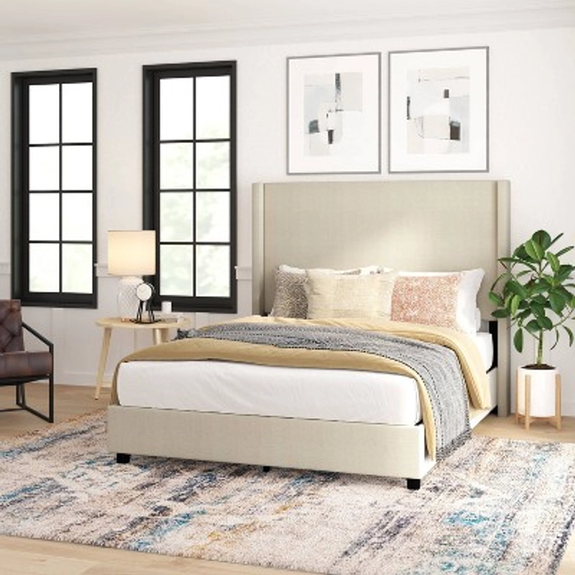 Taylor & Logan Queen 57" High Kellan Platform Bed Beige: Chic Wingback Headboard, Foam Padded, Wood Slats