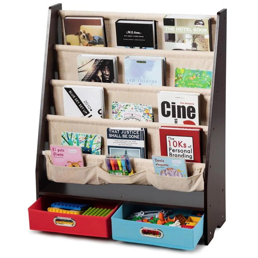 Costway Kids Book Rack Toys Organizer with 4 Sling Bookshelf & 2 Boxes