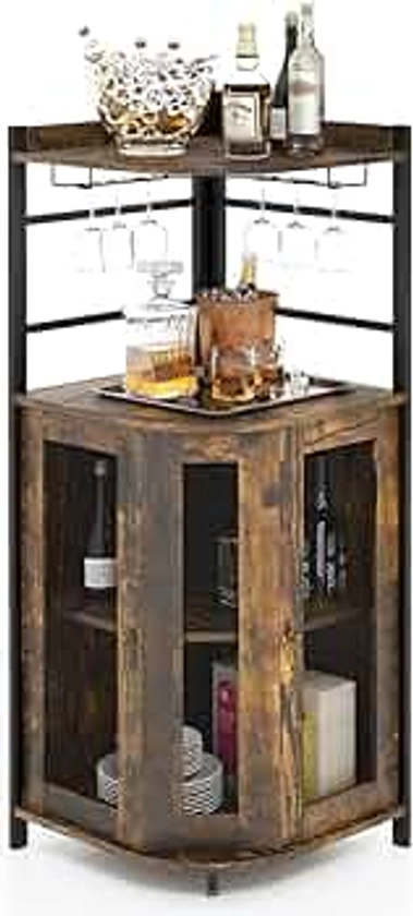 Giantex Corner Bar Cabinet with Glass Holder, Industrial Wine Cabinet with Metal Mesh Doors & Adjustable Shelf, Buffet Cabinet with Anti-tip Kit for Home Coffee Bar Bistro (Rustic Brown & Black)