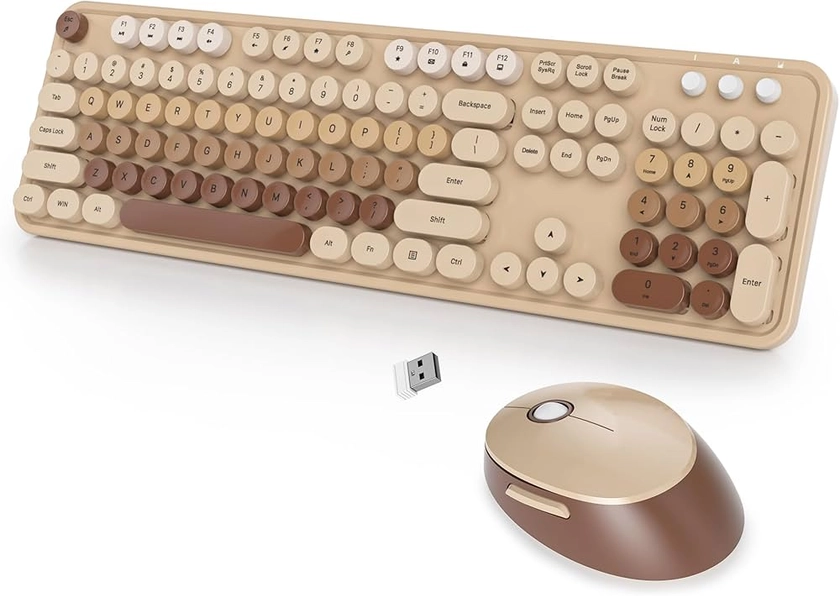 SbocKeeb Retro Keyboard and Mouse Wireless, Cute Typewriter Keyboard and Mouse Wireless 2.4GHz Colorful Brown Full Size Keyboard with Number Pad, American QWERTY for Windows PC Laptop, Colorful Coffee